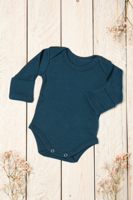 Smėlinukai ilgomis rankovėmis iš merino vilnos mėlynos spalvos