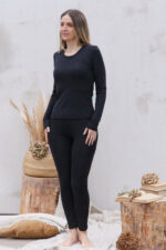 merino vilnos apatiniai moterims marškinėliai juodos spalvos ilgų rankovių