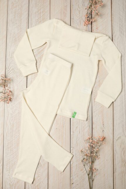 Merino vilnos apatiniai rūbai vaikams, baltos spalvos, golfiukas ir timpos