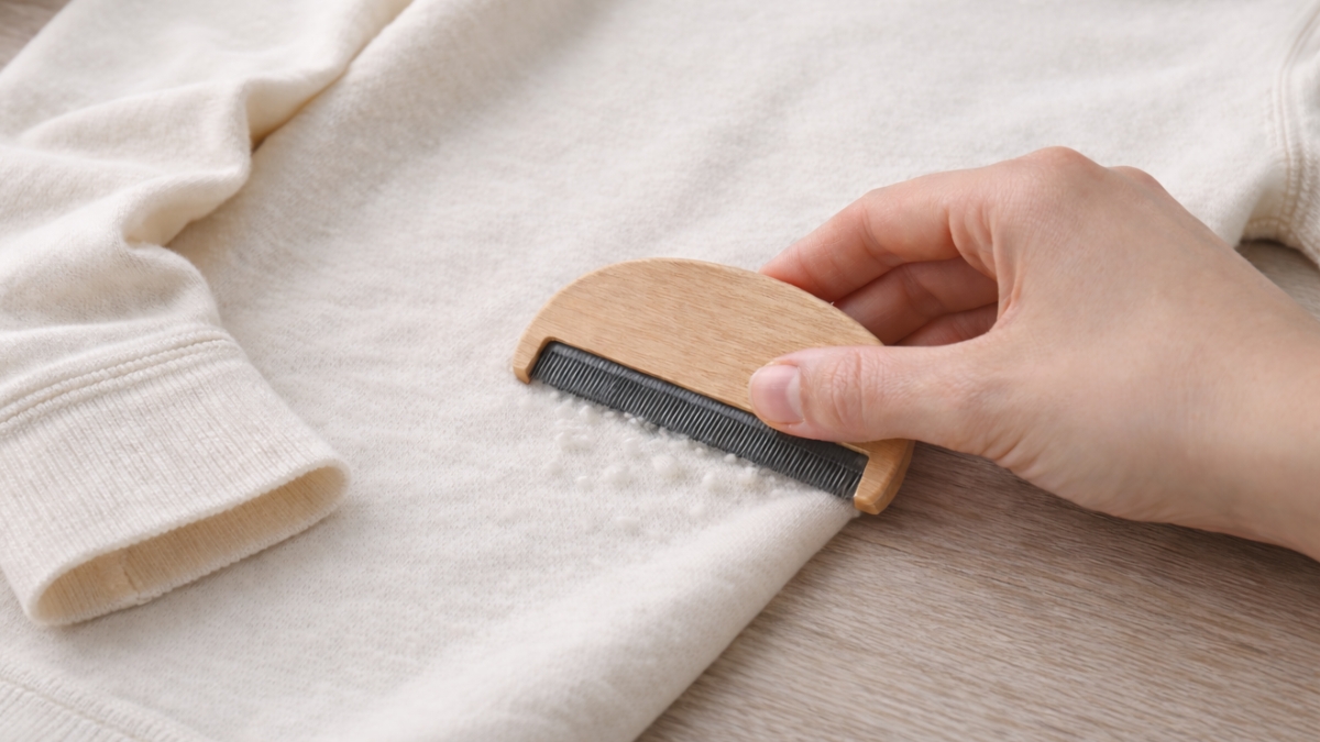 Merino vilnos burbuliukų pašalinimas Merino vilnos drabužio burbuliukai vietoje, kur daug trinties